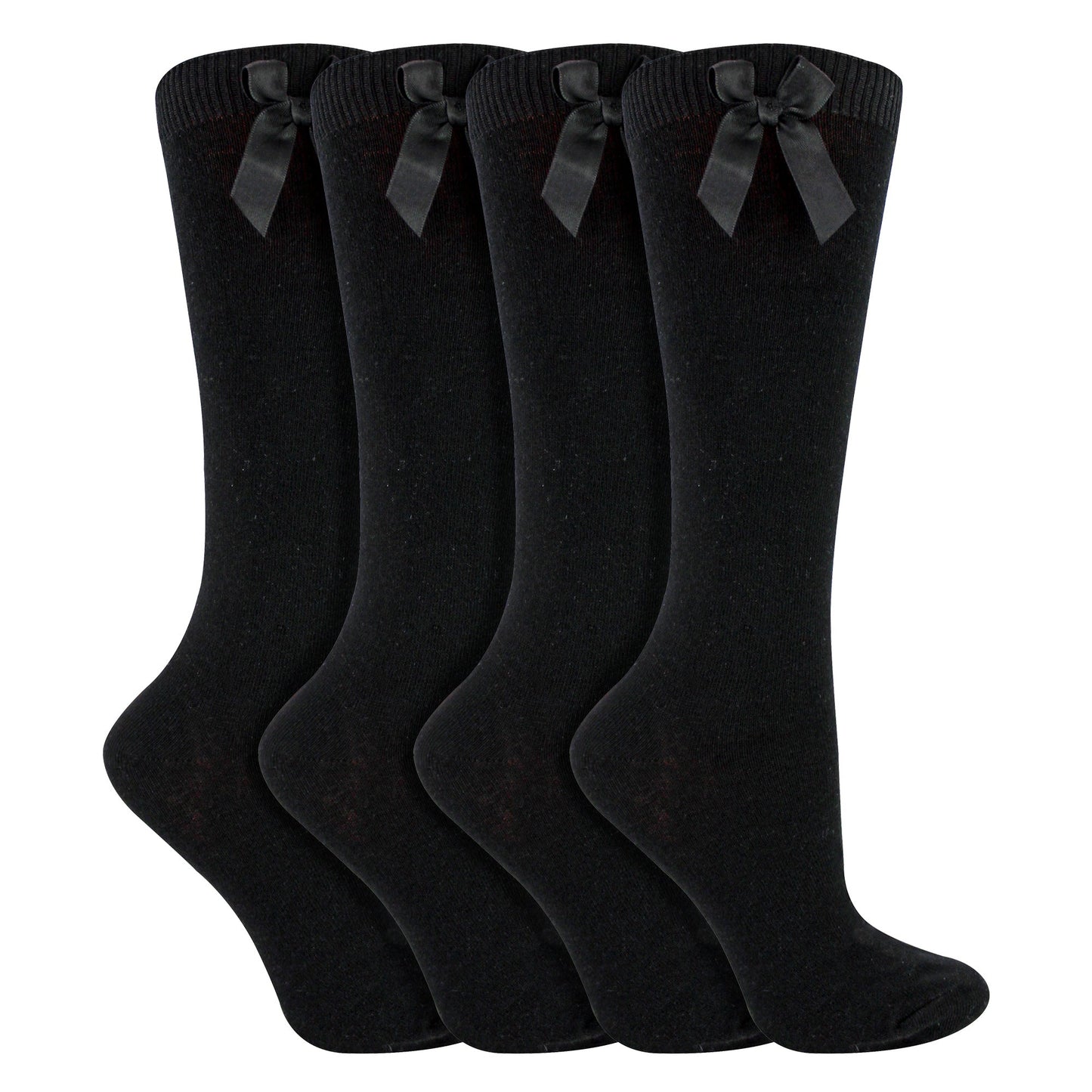 Girls 4 Pack Knee High School Socks with Ribbon Bow | Kids Plain Long Socks