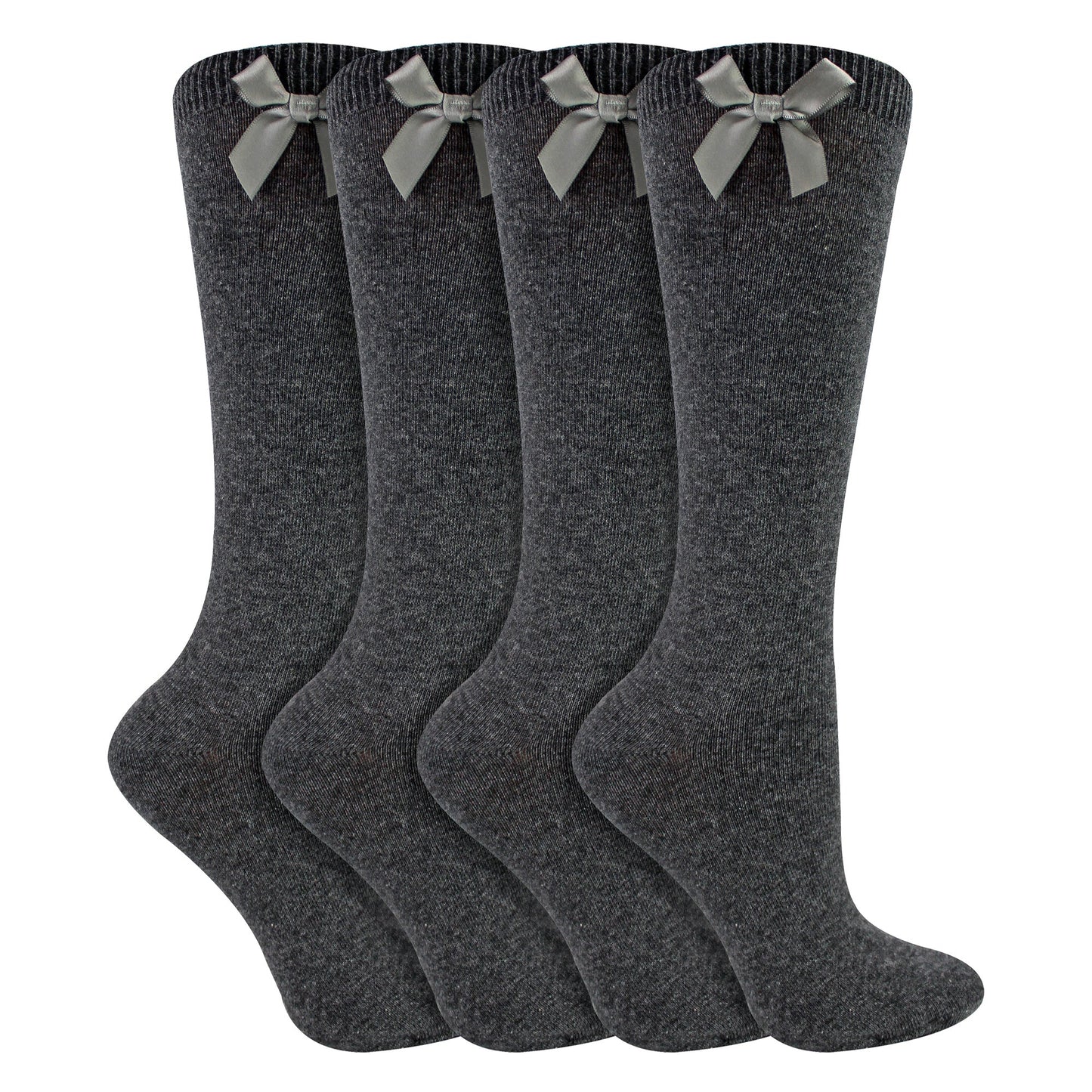 Girls 4 Pack Knee High School Socks with Ribbon Bow | Kids Plain Long Socks