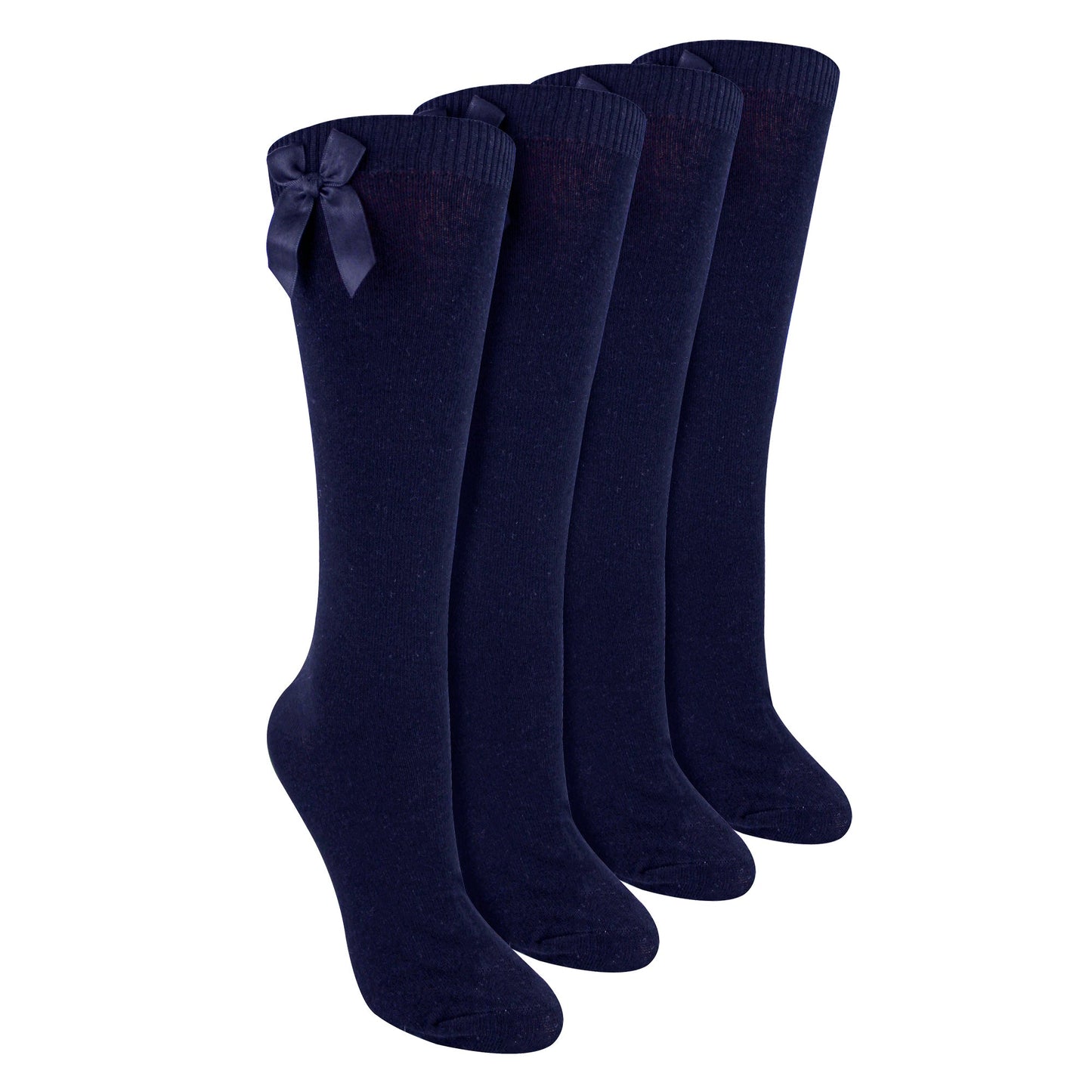 Girls 4 Pack Knee High School Socks with Ribbon Bow | Kids Plain Long Socks