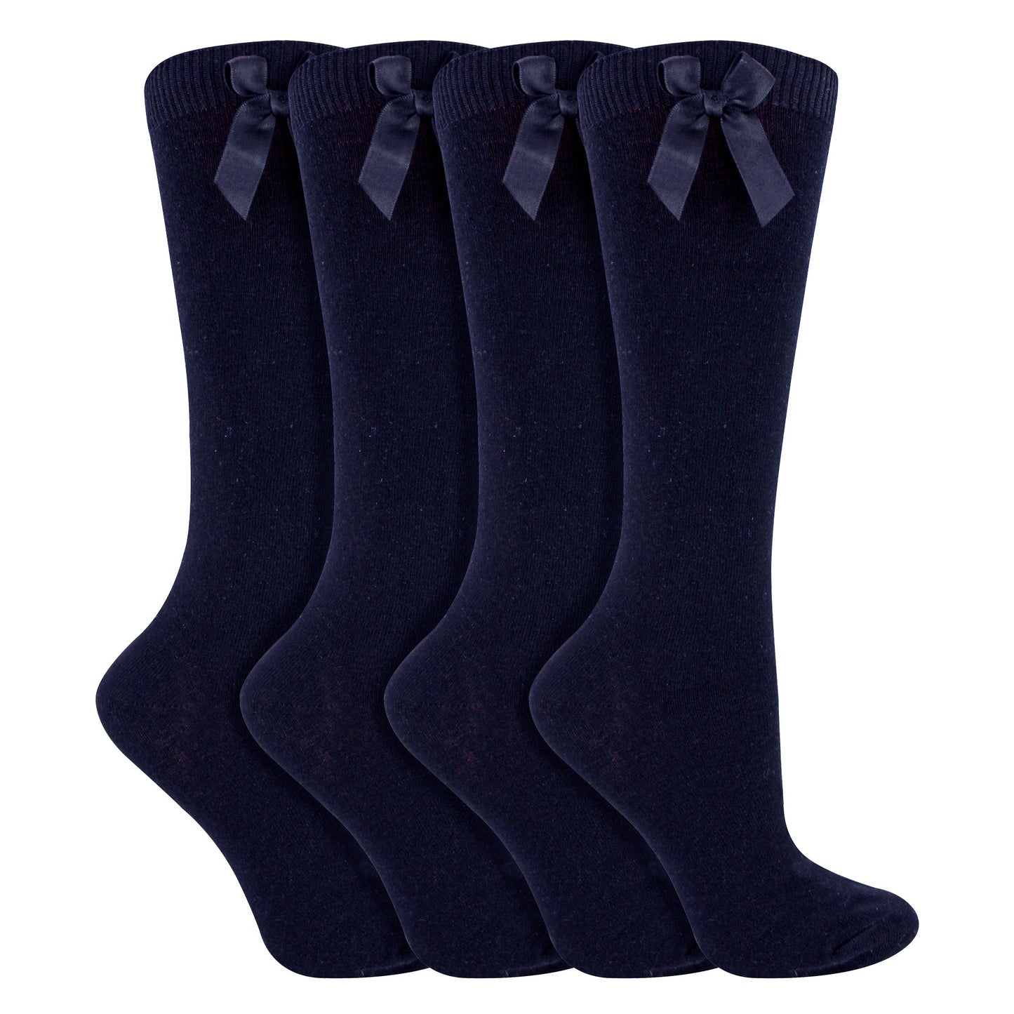 Girls 4 Pack Knee High School Socks with Ribbon Bow | Kids Plain Long Socks