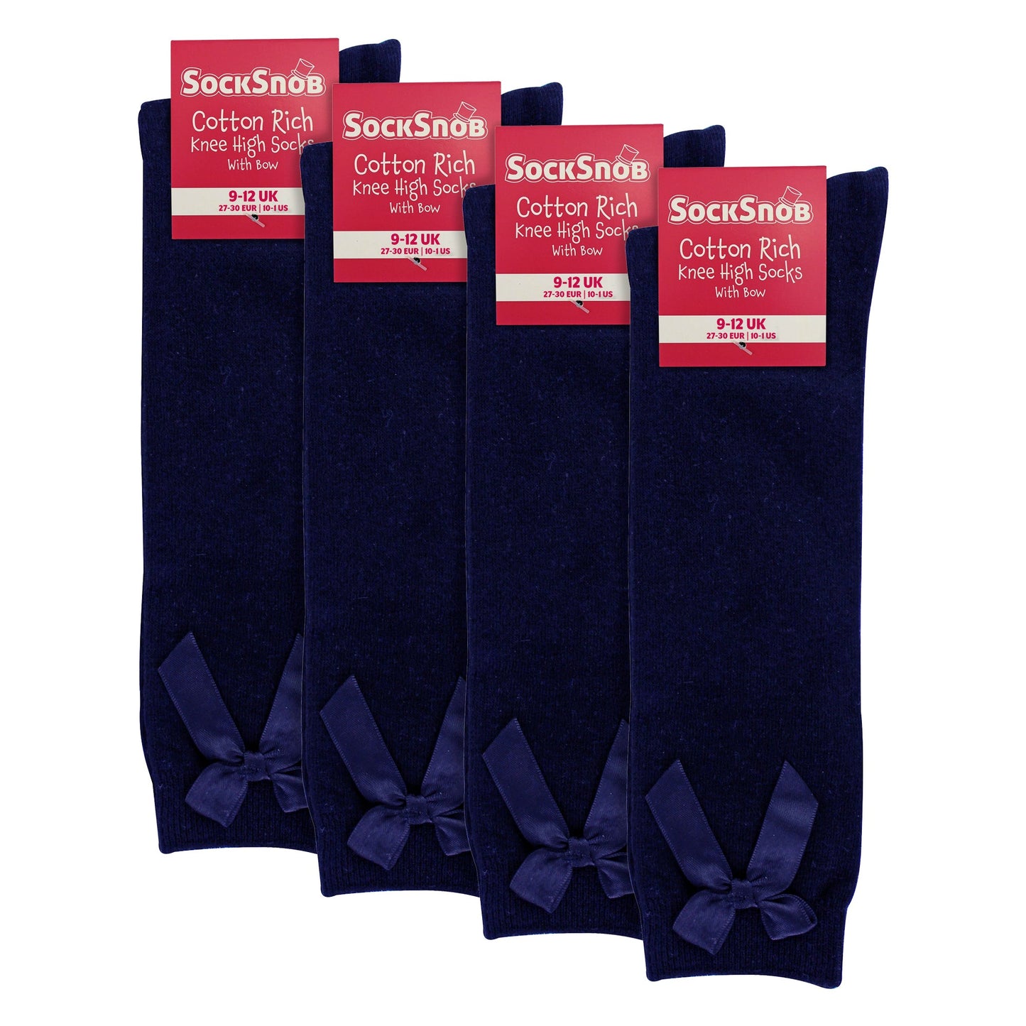 Girls 4 Pack Knee High School Socks with Ribbon Bow | Kids Plain Long Socks