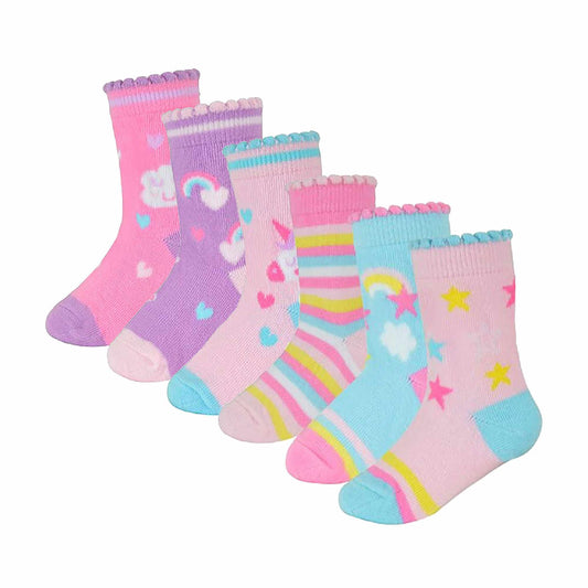 6 Pack Baby Girl Soft Cotton Unicorn Design Socks (3 Sizes)