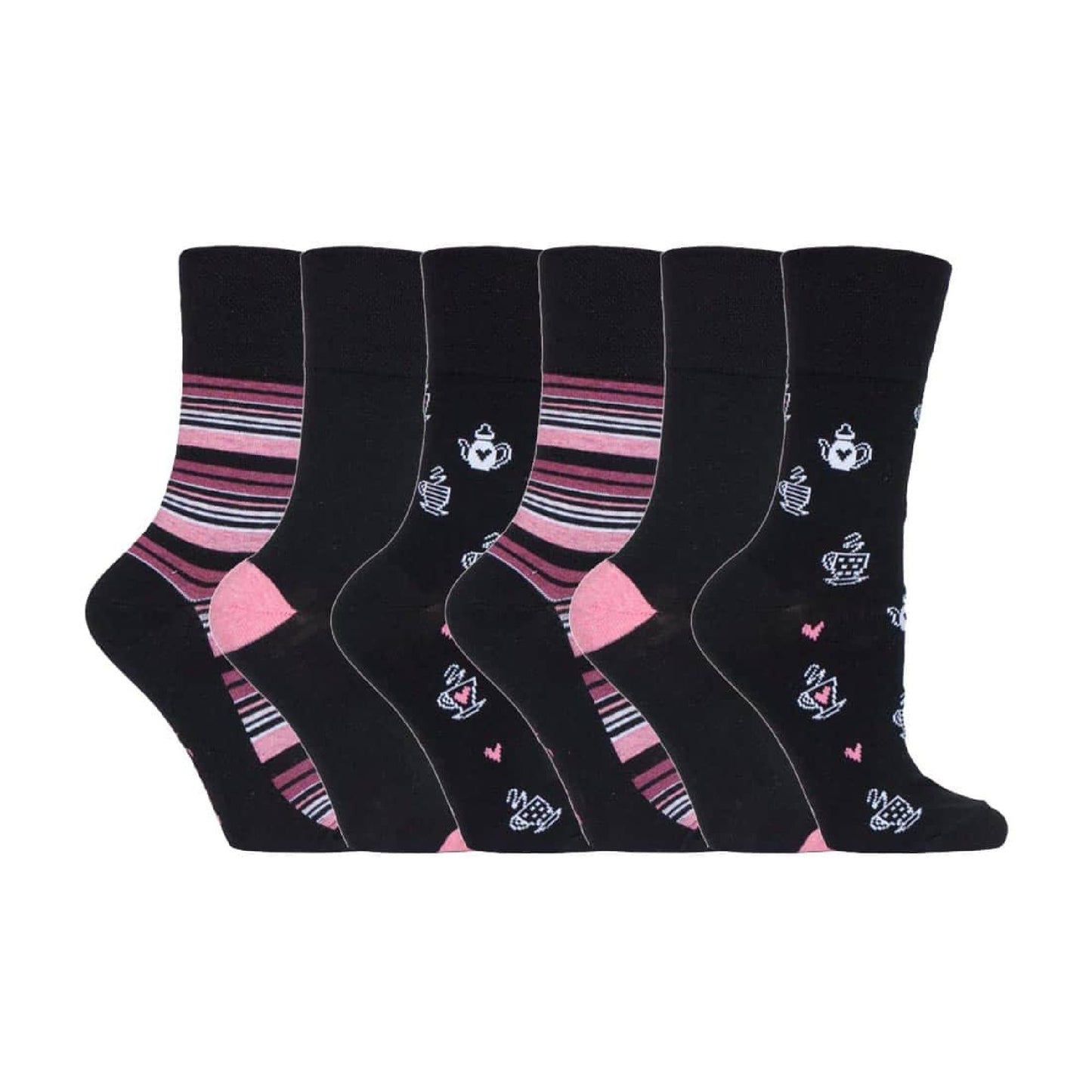 6 Pack Ladies Non Elastic Loose Top Patterned Cotton Rich Socks