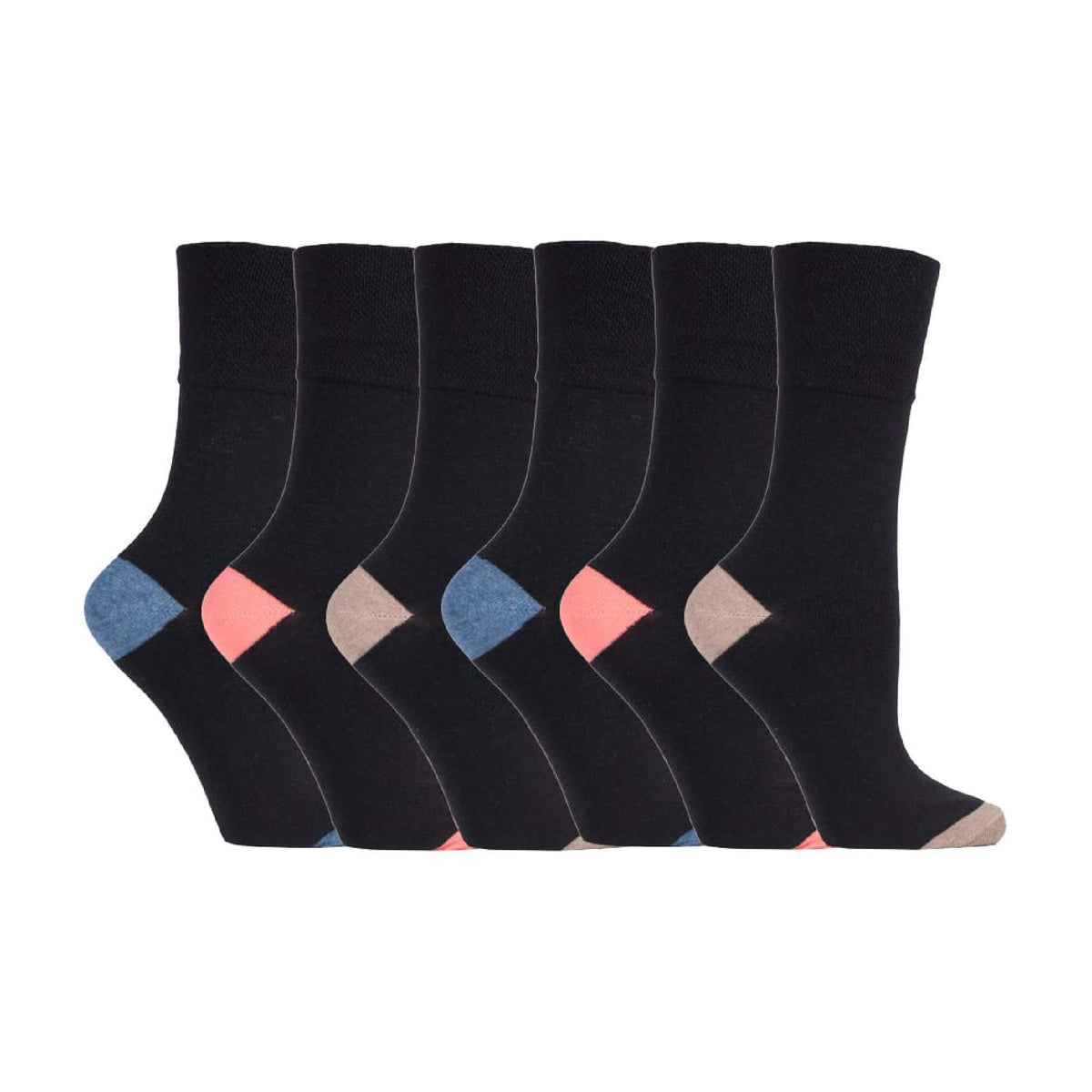 6 Pack Ladies Non Elastic Contrast Heel & Toe Cotton Socks
