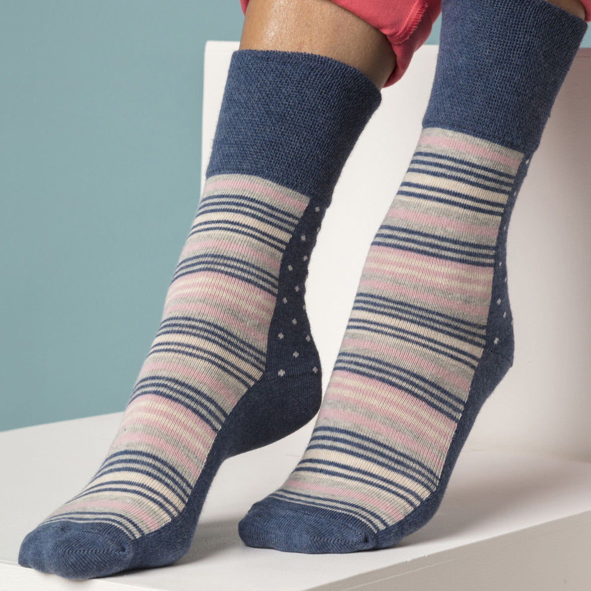 6 Pack Ladies Non Elastic Contrast Heel & Toe Cotton Socks