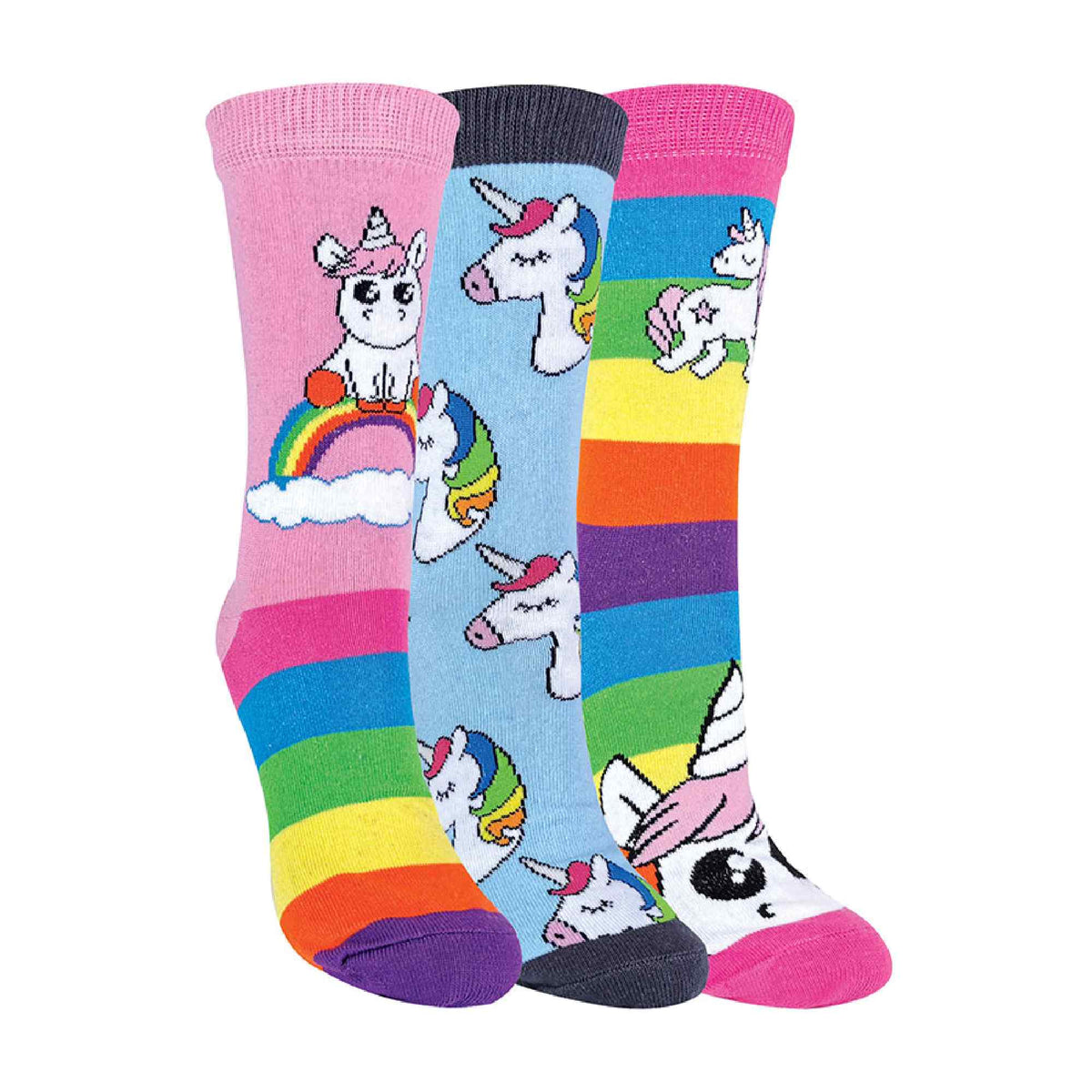 3 Pack Girls Soft Cotton Unicorn Striped Rainbow Design Socks