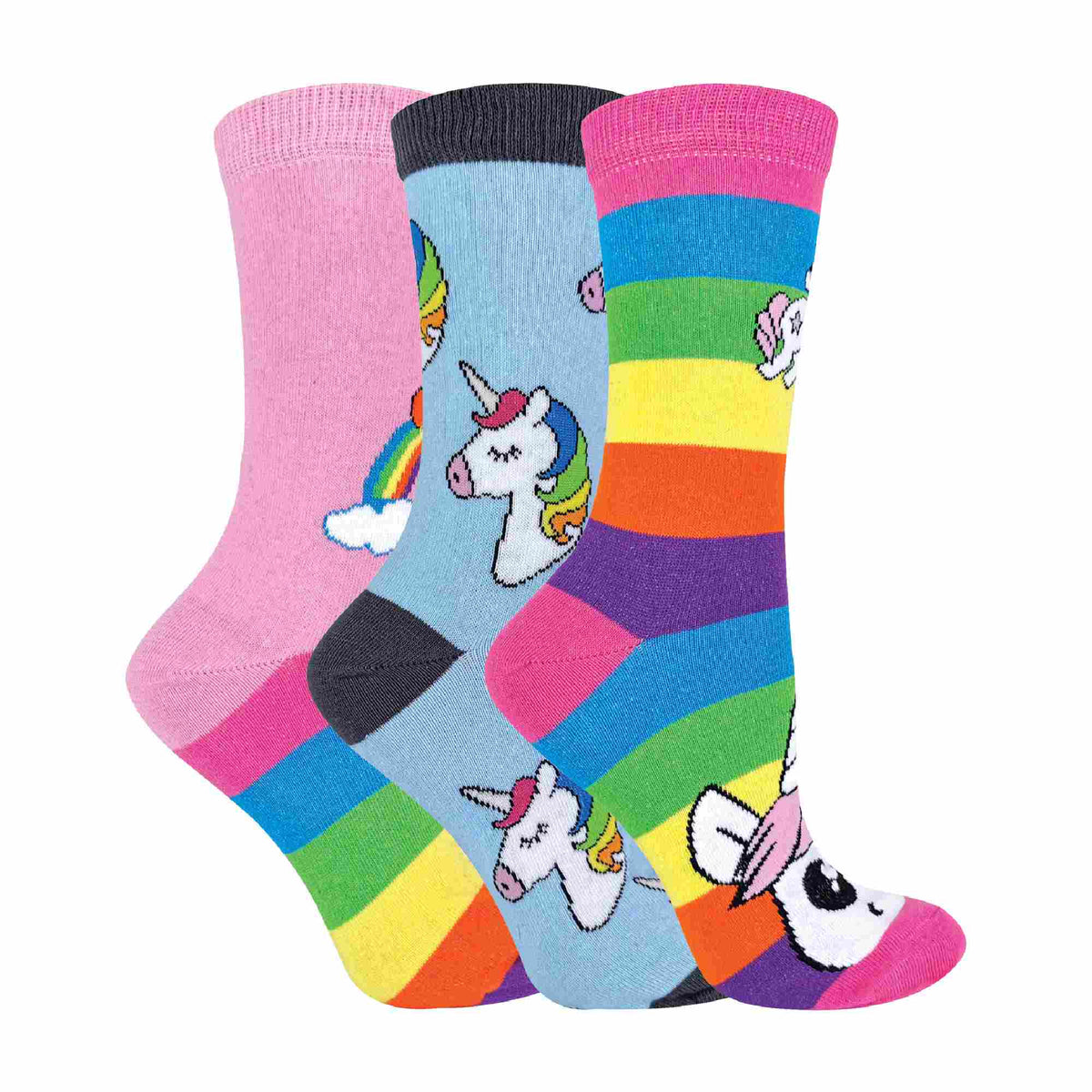 3 Pack Girls Soft Cotton Unicorn Striped Rainbow Design Socks