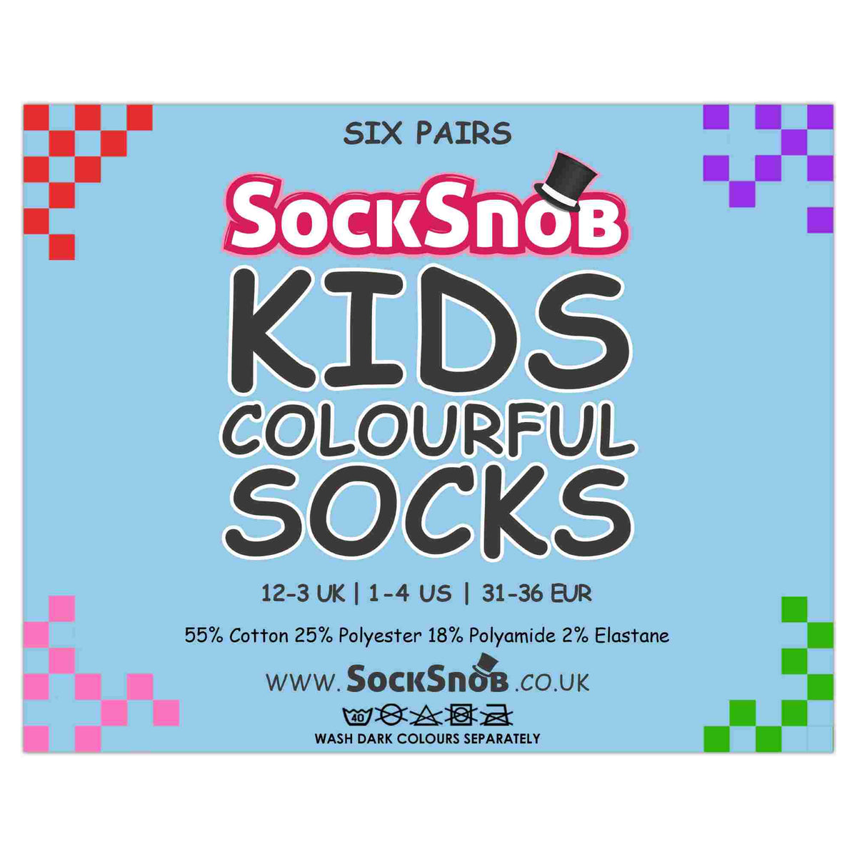 6 Pack Kids Plain Solid Coloured Cotton Socks