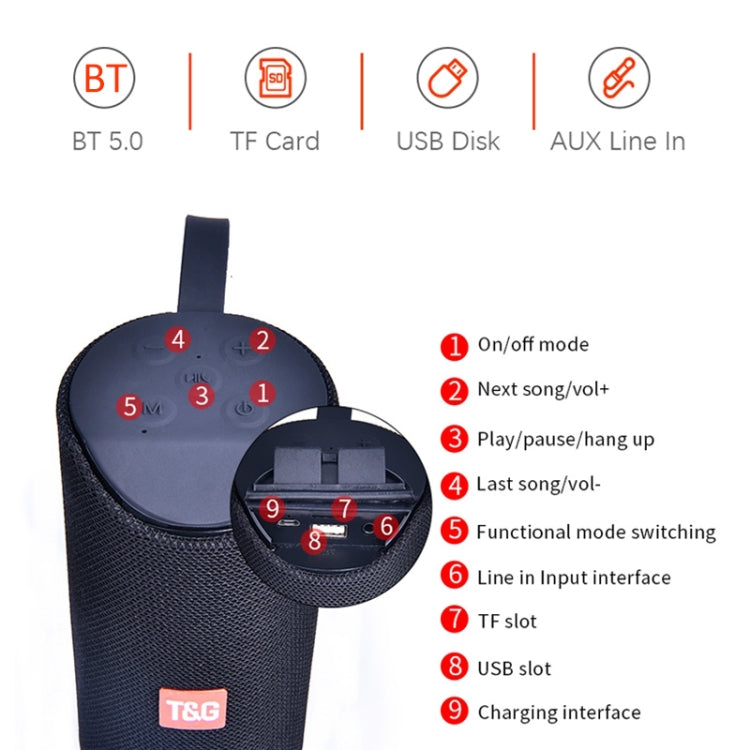 T&G TG169 LED Portable Bluetooth Speaker Outdoor Waterproof Subwoofer 3D Stereo Mini wireless Loudspeaker Support AUX FM TF card(Black)
