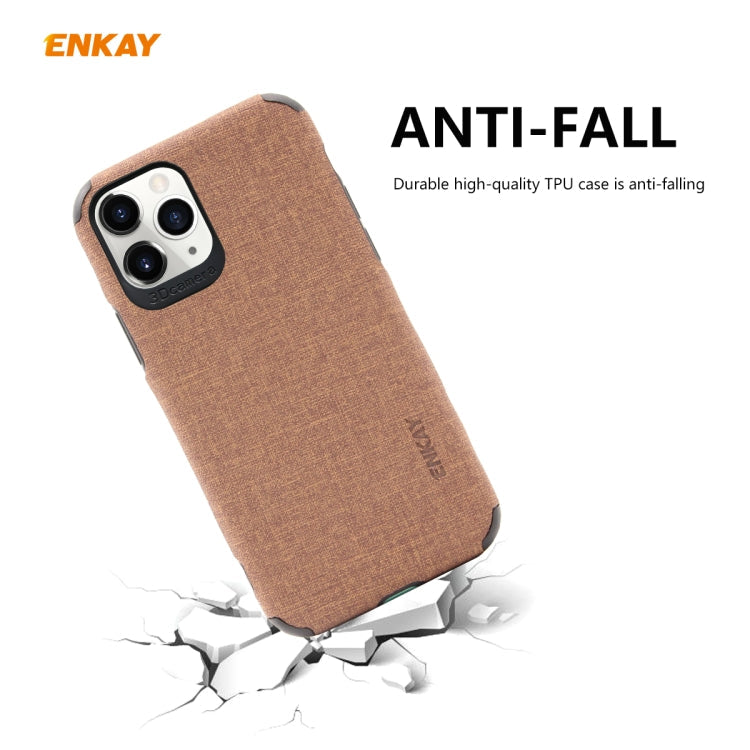 For iPhone 11 Pro ENKAY ENK-PC0322 2 in 1 Business Series Denim Texture PU Leather + TPU Soft Slim CaseCover ＆ 0.26mm 9H 2.5D Tempered Glass Film(Brown)