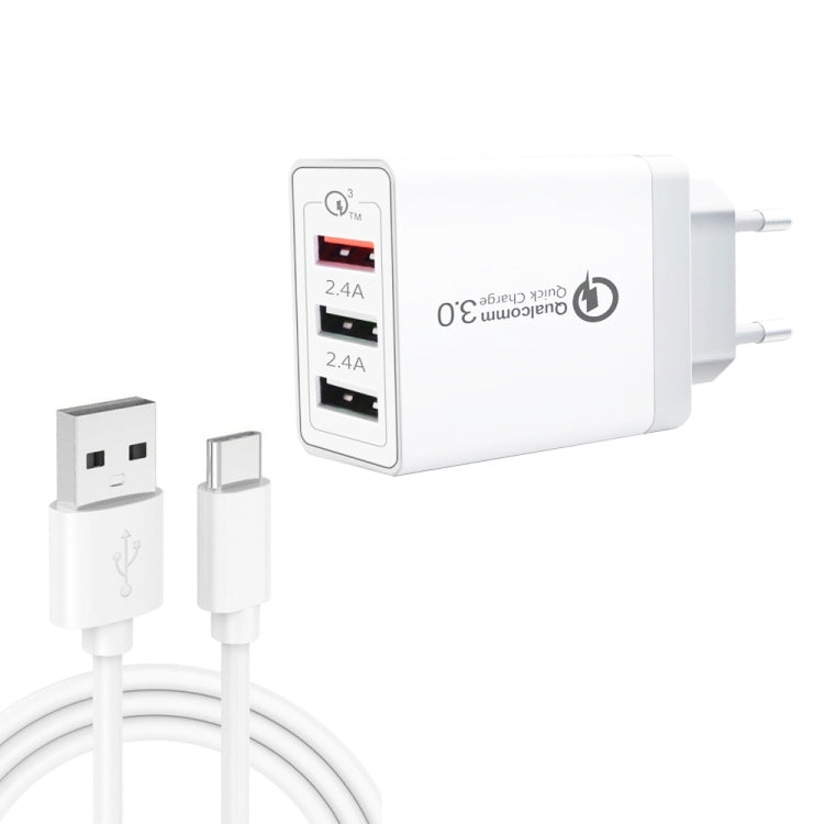 SDC-30W 2 in 1 USB to USB-C / Type-C Data Cable + 30W QC 3.0 USB + 2.4A Dual USB 2.0 Ports Mobile Phone Tablet PC Universal Quick Charger Travel Charger Set, EU Plug, with USB-C / Type-C Cable, EU Plug