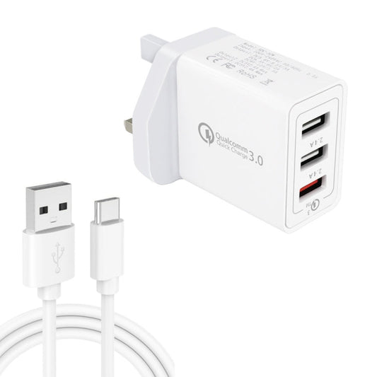 SDC-30W 2 in 1 USB to USB-C / Type-C Data Cable + 30W QC 3.0 USB + 2.4A Dual USB 2.0 Ports Mobile Phone Tablet PC Universal Quick Charger Travel Charger Set, UK Plug, with USB-C / Type-C Cable, UK Plug
