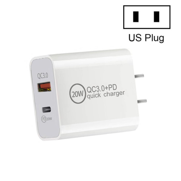 Dual Fast Charging 20W PD3.0+QC 3.0 Interface Travel Charger for iPhone, Huawei, Samsung, Xiaomi, EU Plug, US Plug, AU Plug