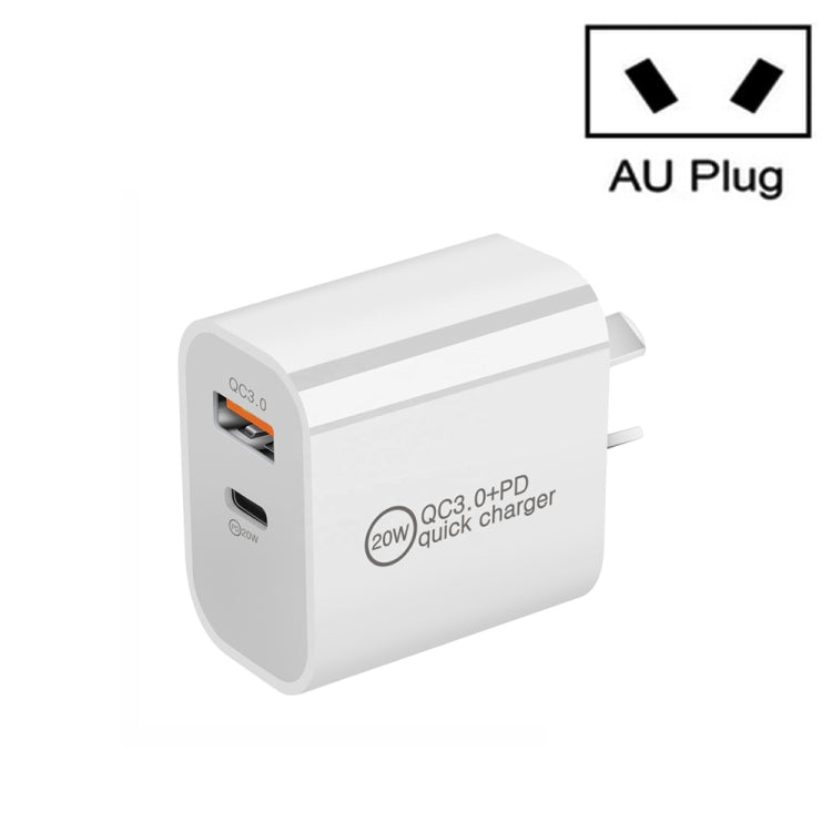 Dual Fast Charging 20W PD3.0+QC 3.0 Interface Travel Charger for iPhone, Huawei, Samsung, Xiaomi, EU Plug, US Plug, AU Plug