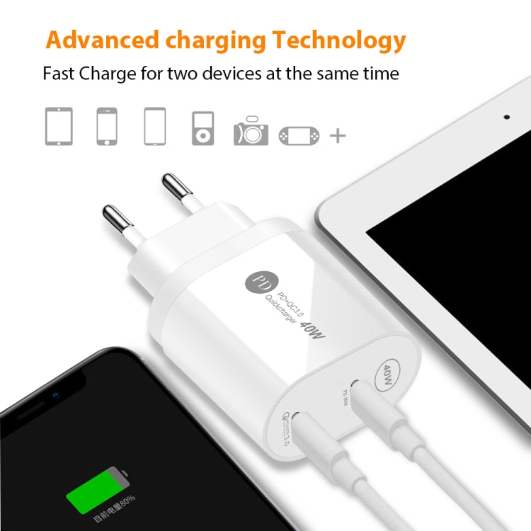 002 40W Dual Port PD / Type-C Fast Charger with USB-C to 8 Pin Data Cable, EU Plug, EU Plug + Type-C to 8 Pin Cable
