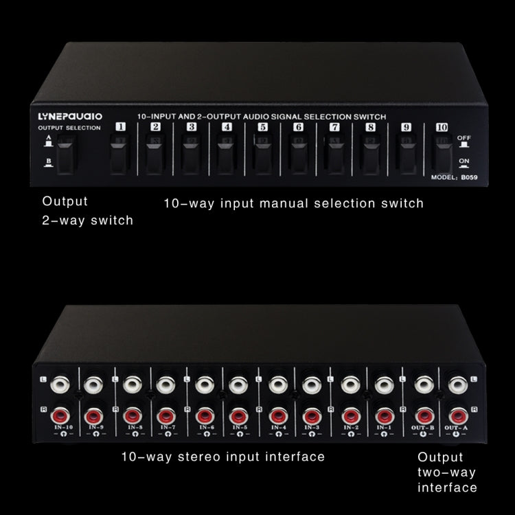 B059 10 In 2 Out / 2 In 10 Out 2-Way RCA Switch Audio Frequency Signal Select Shift Device Loudspeaker Box, B059