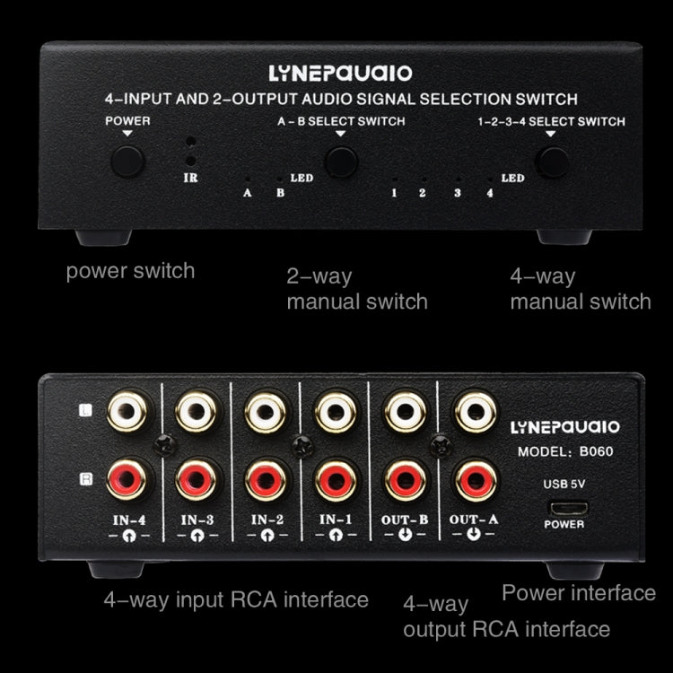 4 In 2 Out / 2 In 4 Out RCA Audio Signal Selector Switch Device with Remote Control