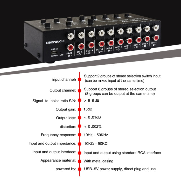 2 In 8 Out RCA Audio Frequency Signal Select Switch Distributor, 2 In 8 Out