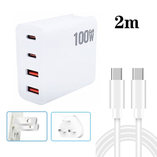 GaN 100W Dual USB + Dual USB-C/Type-C Multi Port Charger with 2m Type-C to Type-C Data Cable Set US / UK Plug