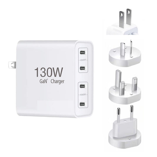GaN130W 4-Port USB-C PD65W / PD30W Multi Port Type-C Charger for Notebook Series, EU / UK / AU / US Plug