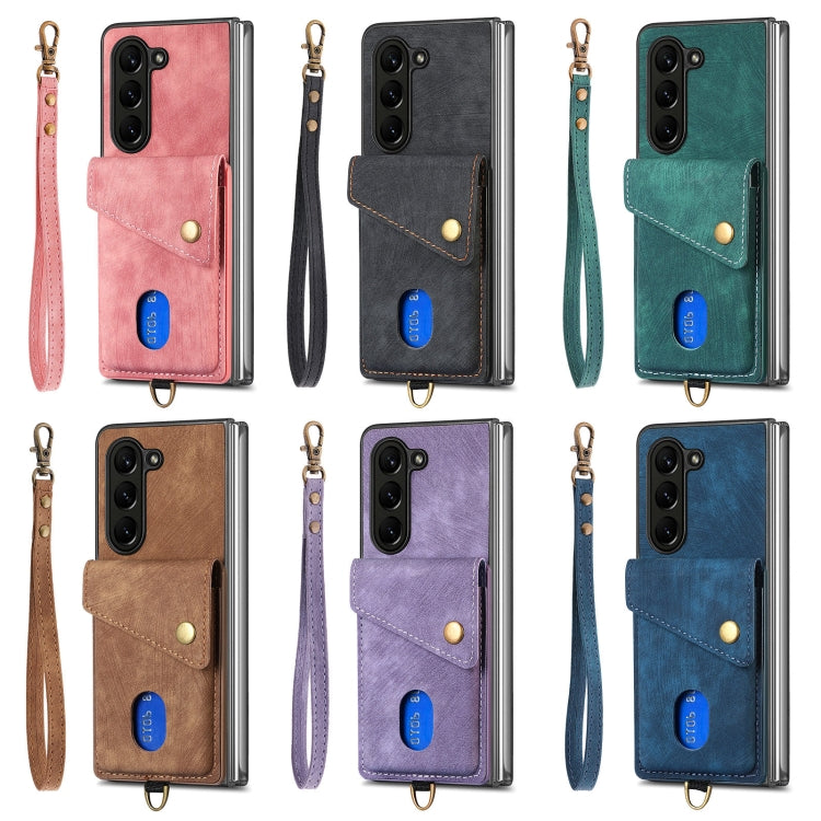 For Samsung Galaxy Z Fold5 5G Retro Card Wallet Fold Leather Phone Case with Strap(Brown)