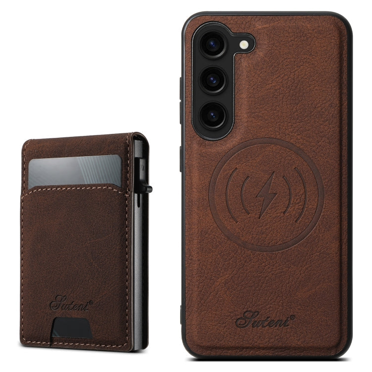 For Samsung Galaxy S24+ 5G Suteni H19 Litchi Texture 2-in-1 MagSafe Removable Card Case Back Phone Case(Brown)