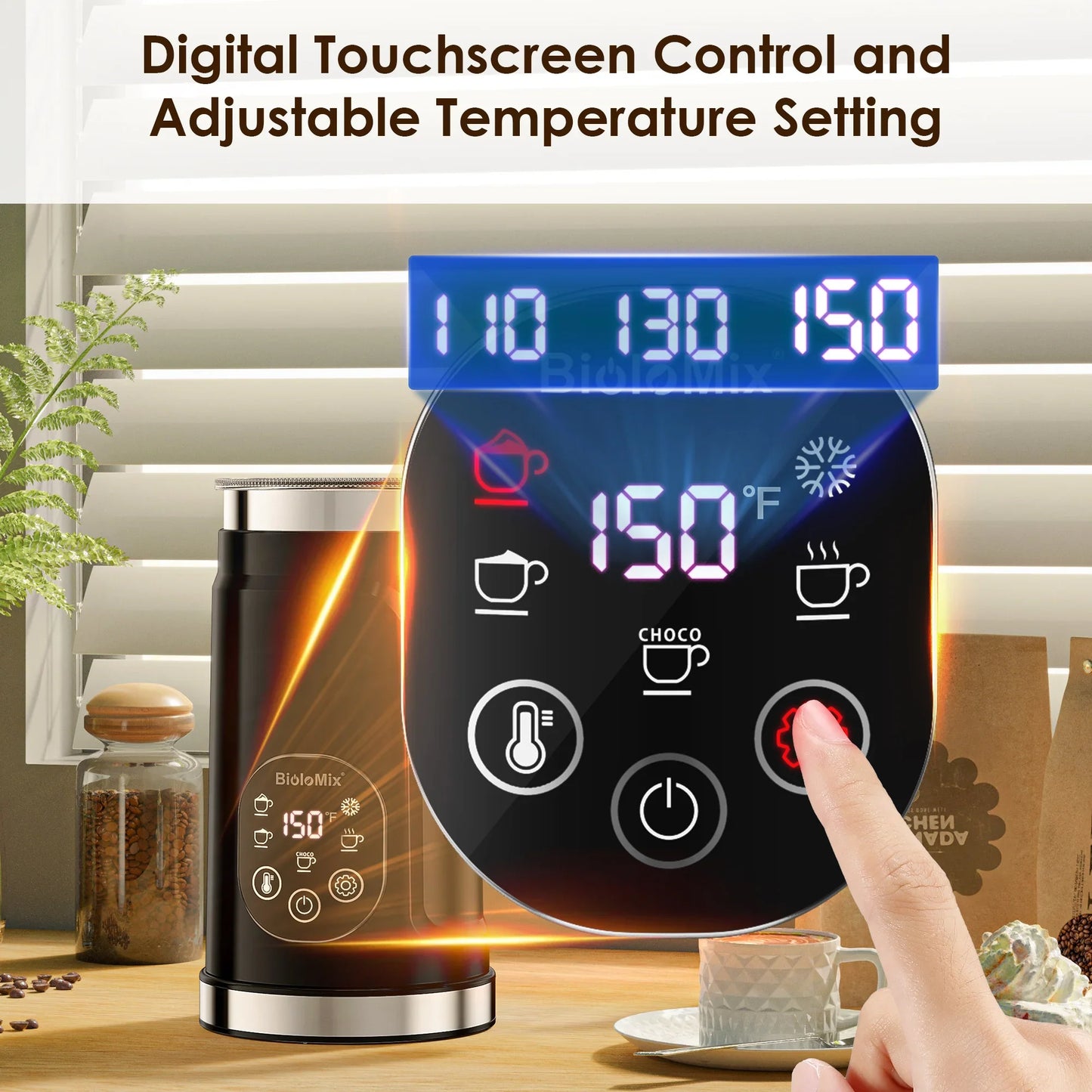BioloMix Upgraded 5-in-1 LED Touch Screen Milk Frother for Lattes & Coffee, Hot And Cold Foam Maker