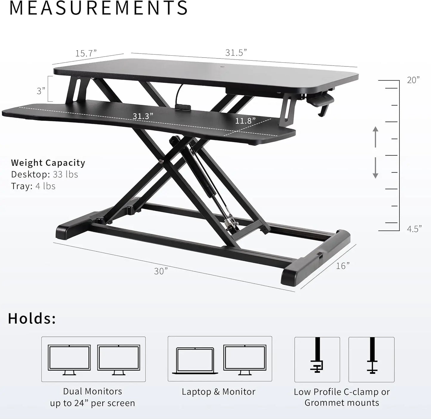 81 cm Desk Converter, Height Adjustable Riser, Sit to Stand Dual Monitor and Laptop Workstation with Wide Keyboard Tray