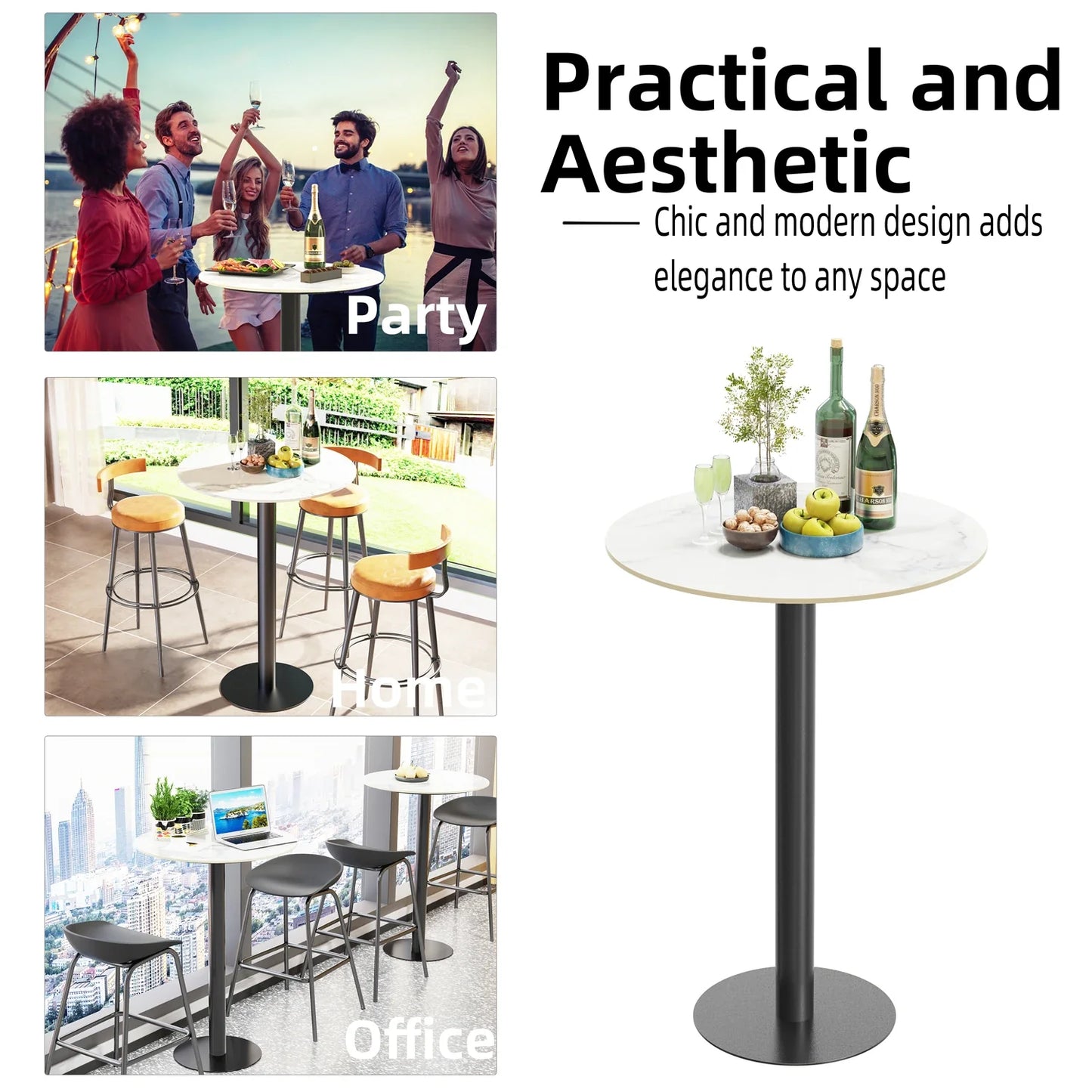 High-End Round Bar Table, Small Kitchen Dining Table, Cocktail Table for Living Room, Party Stone Top, Tall, 100cm