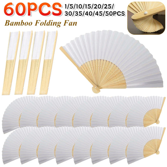 100-1PCS Hand Held Paper Fans Blank White Bamboo Folding Fans for Wedding Gift Party Dance DIY Decoration Personalised Fan
