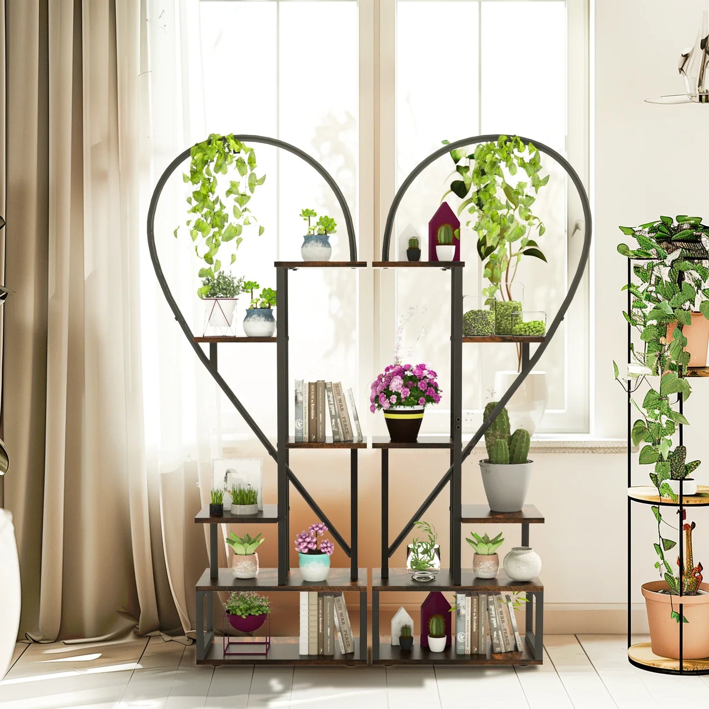 Half Heart Shaped Metal Plant Stand, Garden Display Shelf with Hooks, Home Patio, Lawn Flowers, 2 Pack