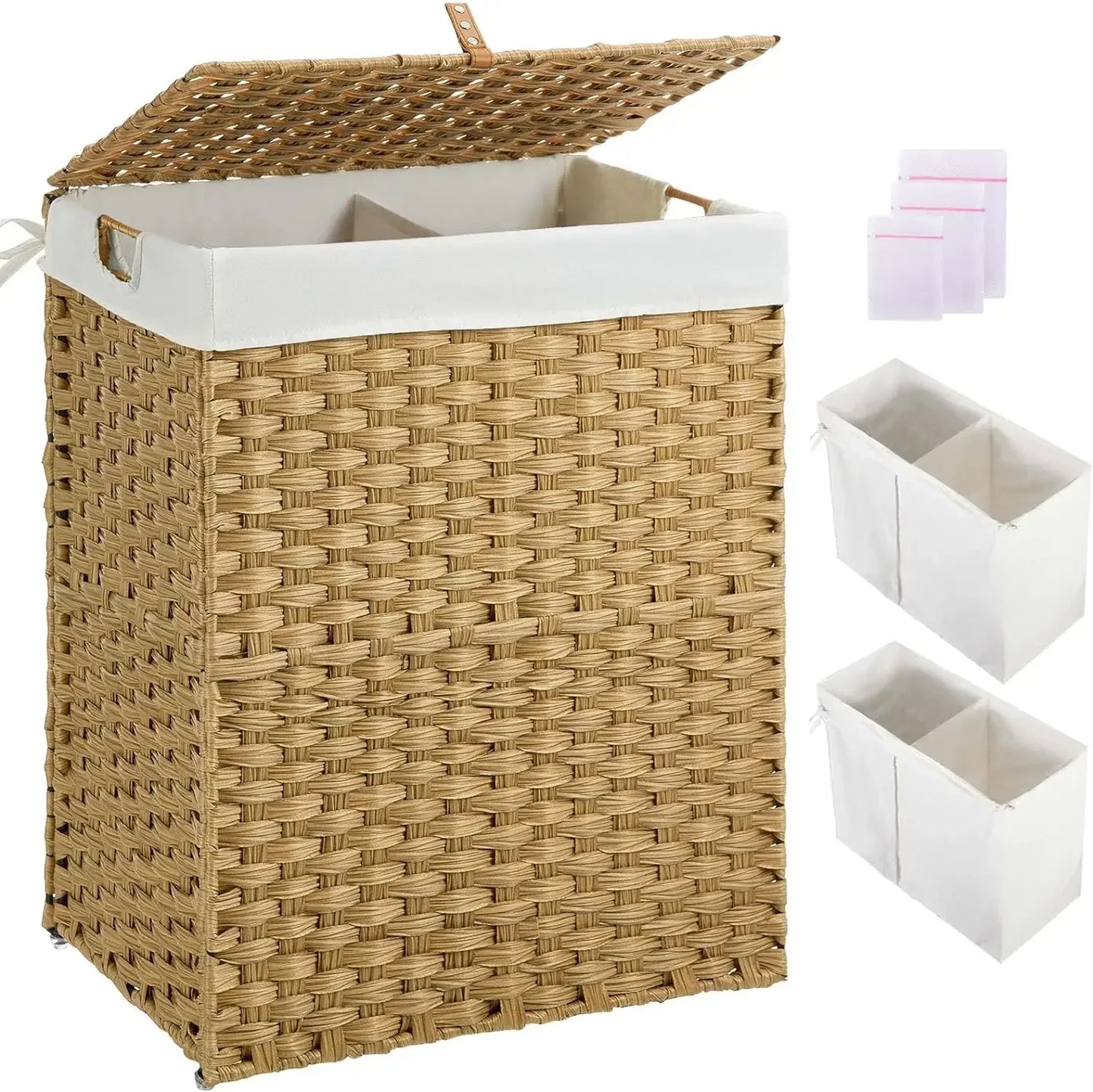 Greenstell Laundry Hamper with lid, No Install Needed, 110L Wicker Laundry Baskets Foldable 2 Removable Liner Bags, 2 Section