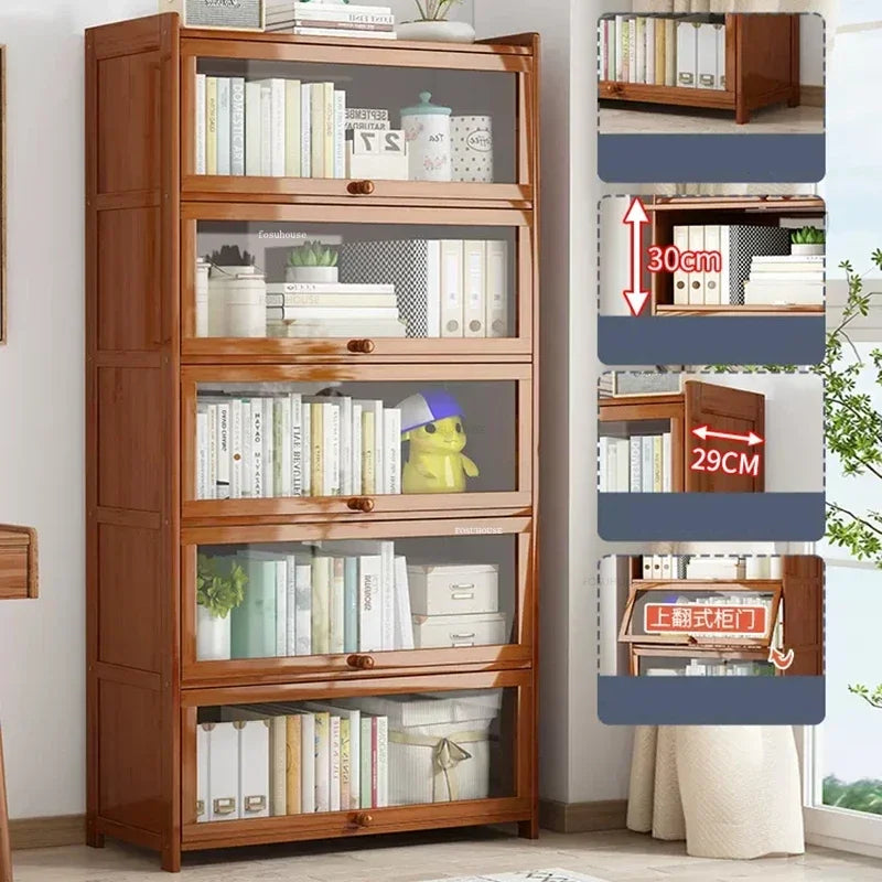 Japanese Home Furniture Bamboo Bookcases Organizer Multi-layer Storage Shelf Simple Retro Bookshelf With Door Modern Office Desk