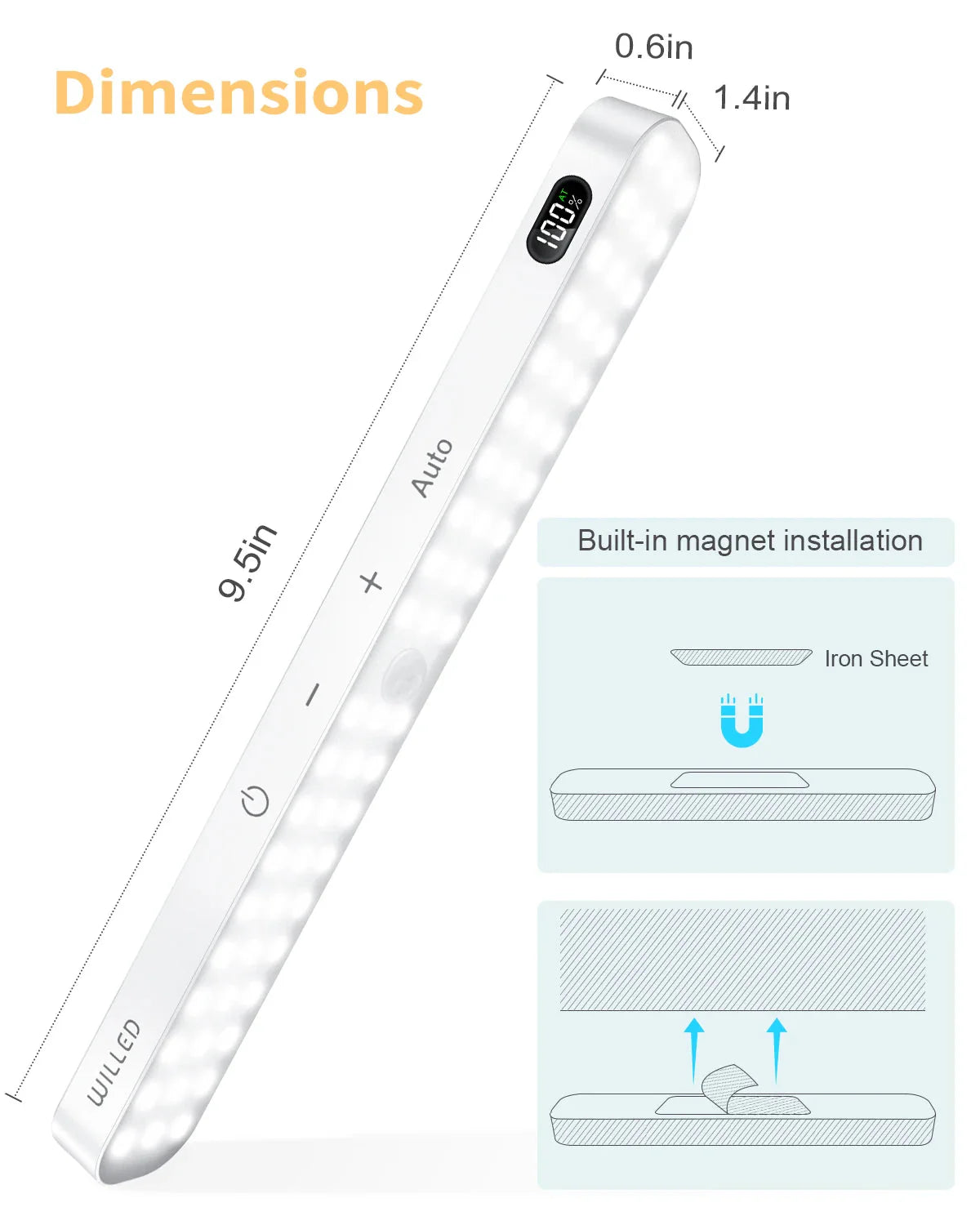 Motion Sensor Cabinet Light Battery Display 60 LED Touch Light Bar Wireless Rechargeable