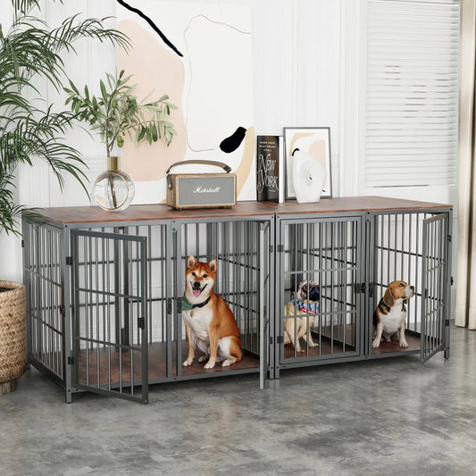 Heavy Duty Dog House End Table Furniture with Four Doors and Lock Latches Divider, Metal Pet Kennel Cage Crate