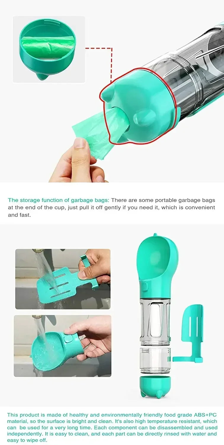 3 in 1 Portable Dog Water Bottle Pet Food Feeder Drinker Poop Dispenser Leak-proof Multifunctional Dog Water Bottle Dog Feeder