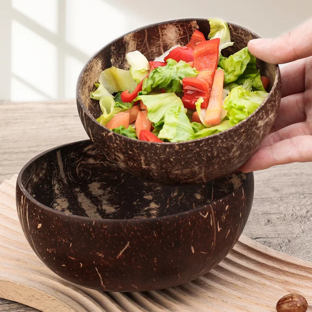 Natural Coconut Bowls And Wooden Spoon Sets Reusable Coconut Shell Bowls For Dessert Yogurt Fruit Salad Kitchen Tableware