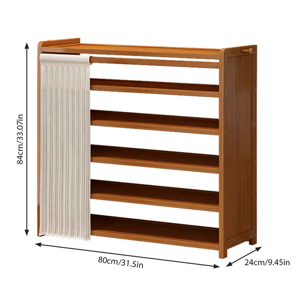 6-Tier Cabinet Organizer with White Gauze Curtain Wooden Storage Shelves Shoe Organizer for Entryway Living Room Hallway Doorway