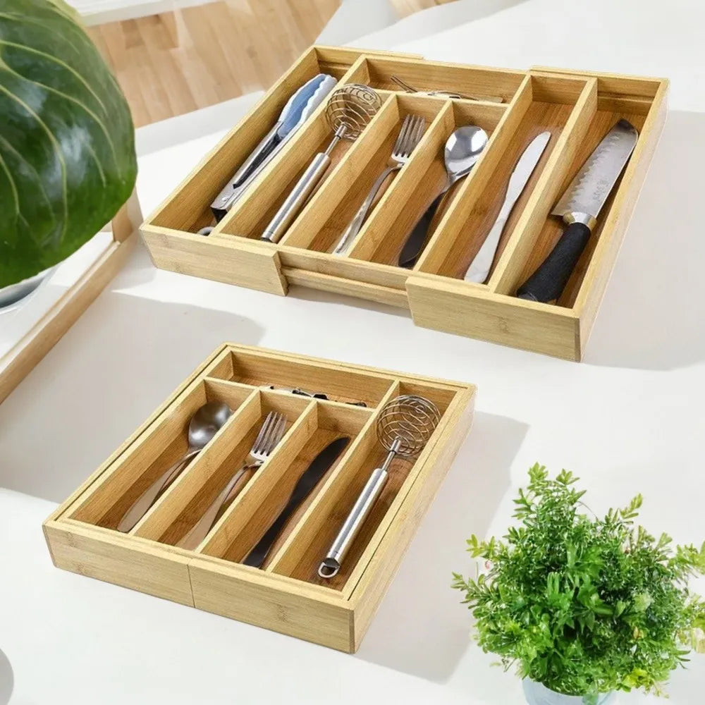 Adjustable 6/7 Grids Bamboo Drawers Insert Box for Cutlery Dinnerware Tools - Kitchen Cabinet Organizer and Housholder Gold tray
