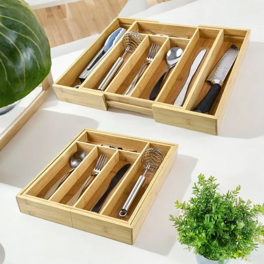 Adjustable 6/7 Grids Bamboo Drawers Insert Box for Cutlery Dinnerware Tools - Kitchen Cabinet Organizer and Housholder Gold tray