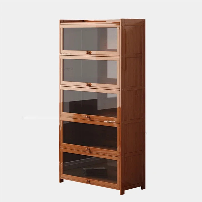 Japanese Home Furniture Bamboo Bookcases Organizer Multi-layer Storage Shelf Simple Retro Bookshelf With Door Modern Office Desk