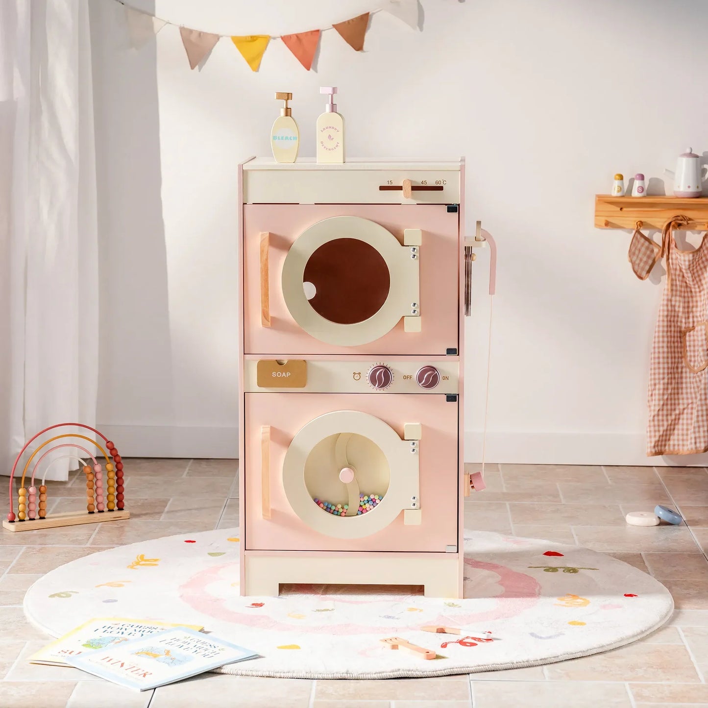 Robotime Robud Kids Corner Kitchen Playset Wooden Play Kitchen Set with Realistic Sound Pretend Play Gift for Boys Girls Pink