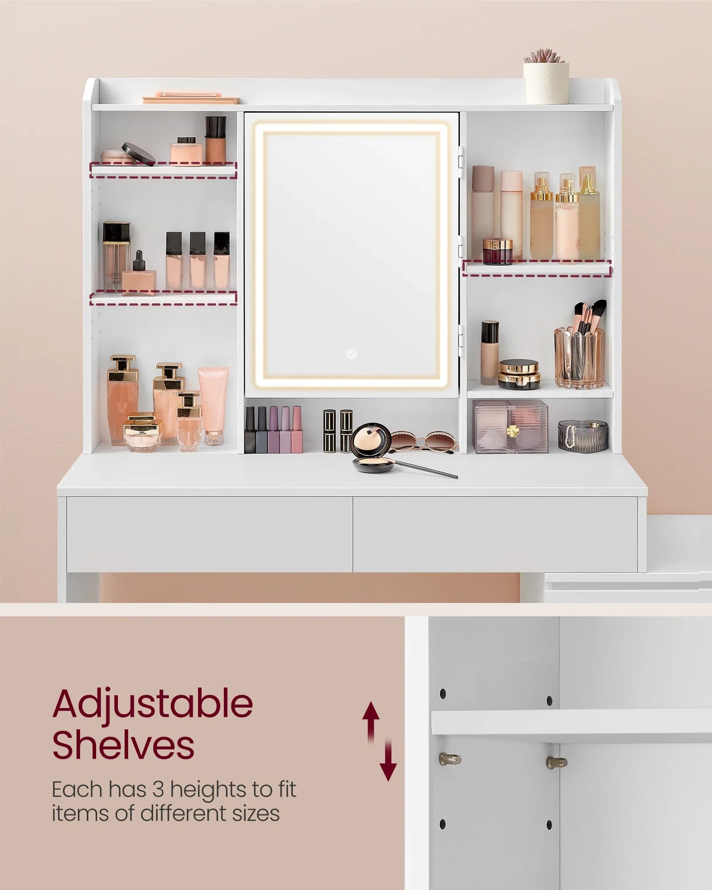 VASAGLE Dressing Table with LED Lights, Adjustable Brightness, 40 x 117.5 x 145 cm,Vanity Table with Mirror, Drawers