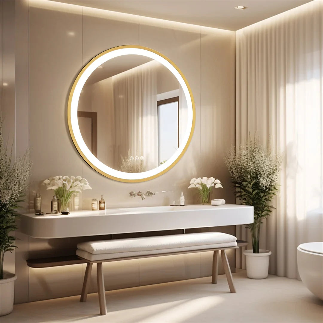 LUVODI 24 Inch Gold Frame Round Bathroom Mirror with Lights Illuminate Wall Vanity Mirror 3 Color Dimmable Anti-Fog Smart Mirror