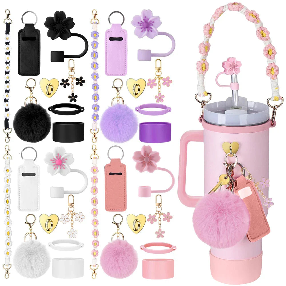 8Pcs/Set Silicone cup cover Straw Cover Handle Strap Keychain Lipstick Pouch for Stanley 40oz Tumbler Accessories Set