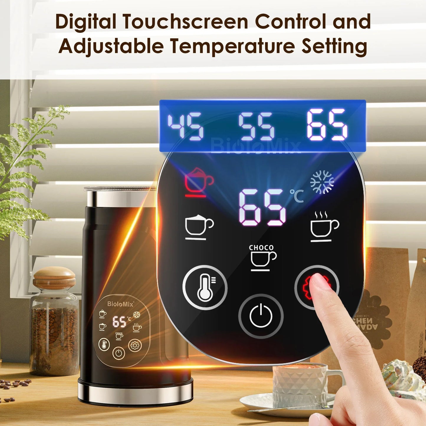 BioloMix Upgraded 5-in-1 LED Touch Screen Milk Frother for Lattes & Coffee, Hot And Cold Foam Maker