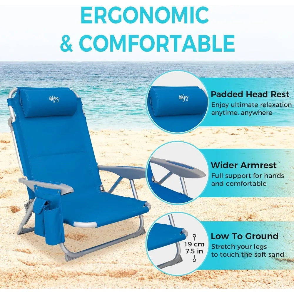 4-Position Adjustable Beach Chair Set of 1/2, Folding Low Reclining Camping Chair with High Back Pillow Pocket
