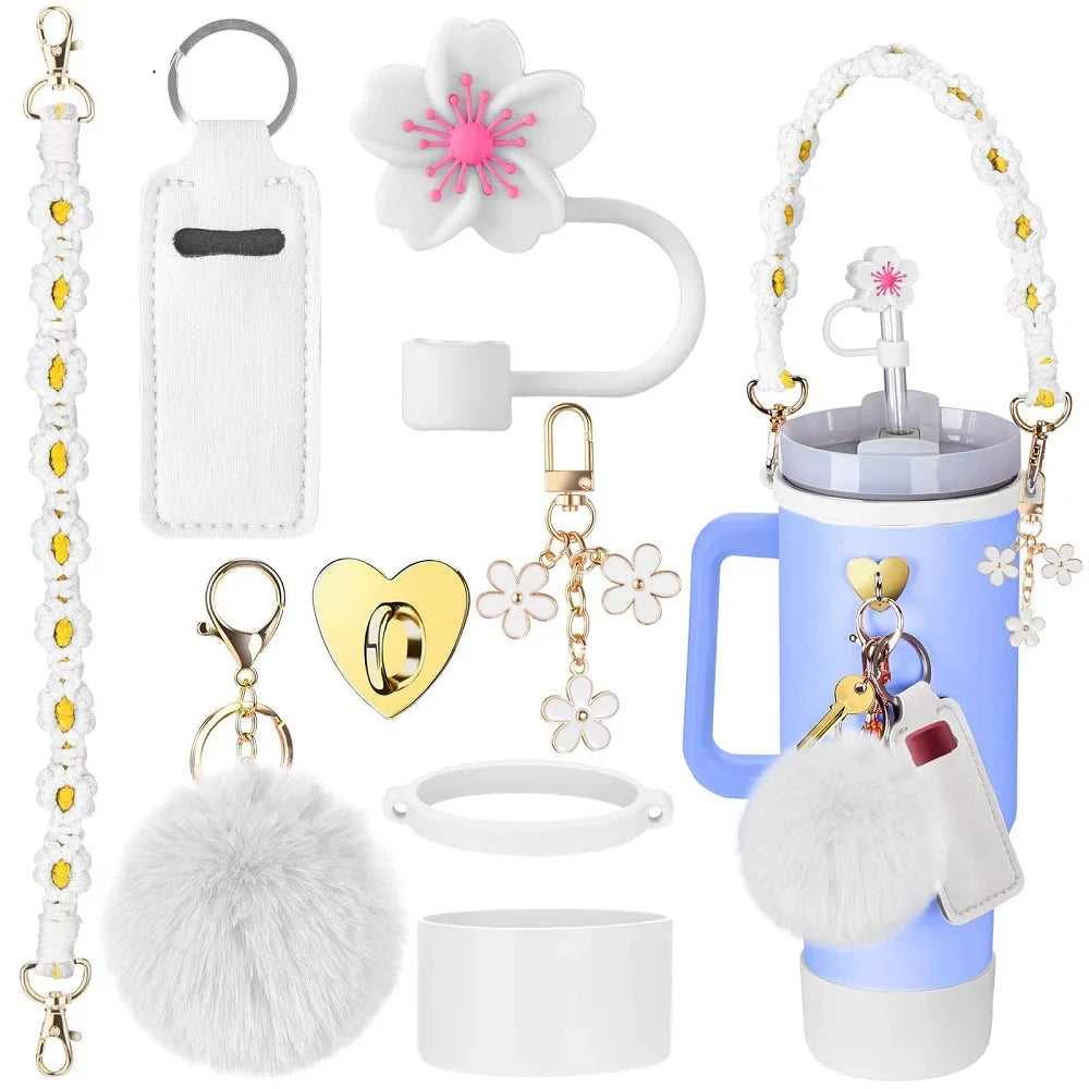 8Pcs/Set Siliocne Cup Sleeve Straw Lid Handle Strap Keychain Lipstick Pouch for Stanley 40oz Tumbler Accessories Set
