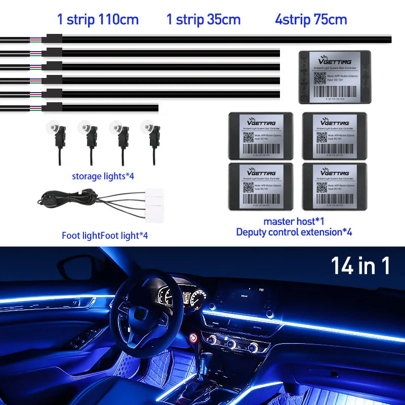 Full Color Streamer Car Ambient Lights RGB 64 Color Universal LED Interior