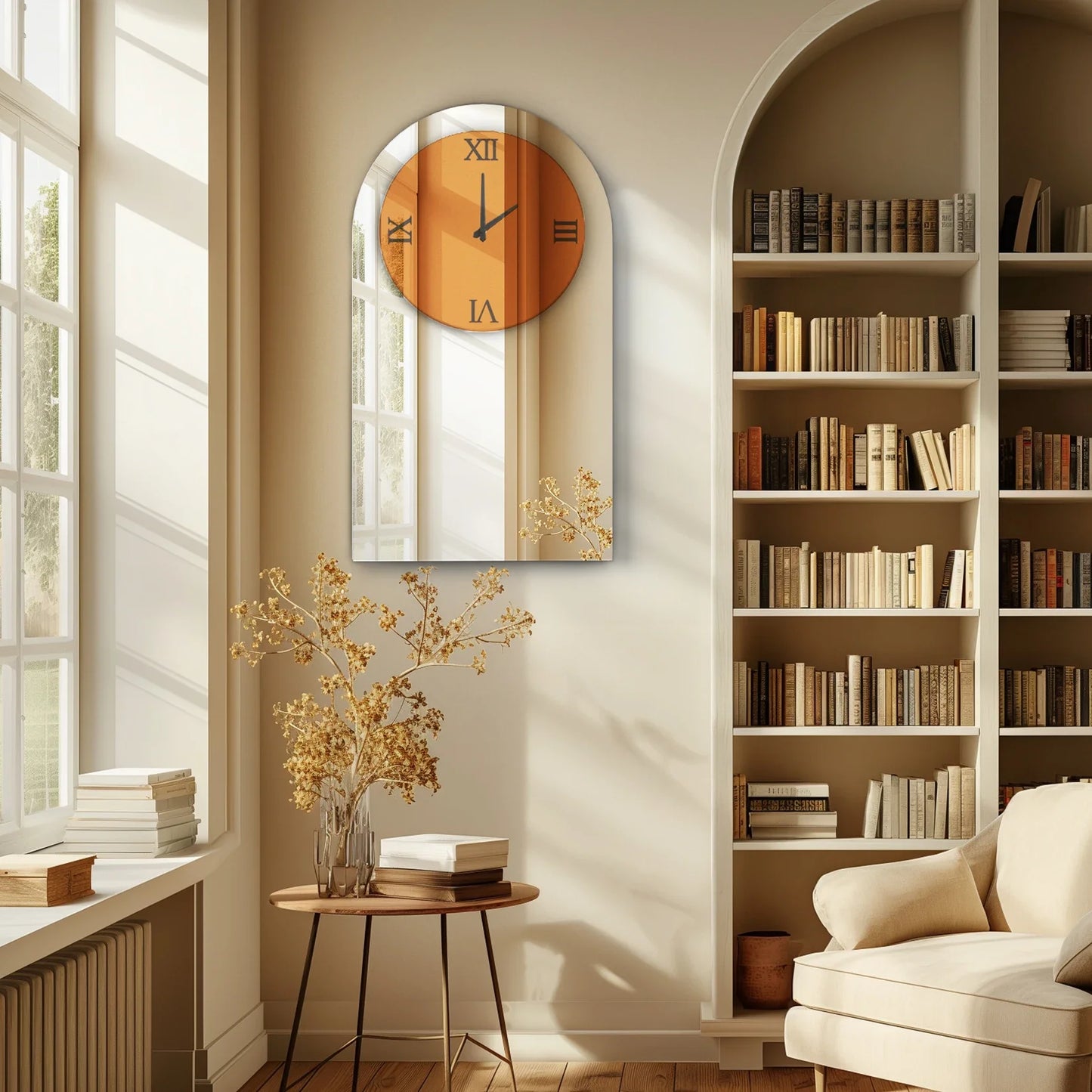 Modern Arched Mirrored Wall Clock Silver Glass Roman Numerals Decorative Clock for Living Room Bedroom